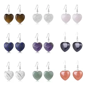Heart Shape Tiger Eye Quartz Stone Crystal Earrings Stainless Steel Love Gemstone Dangle Earring for Women Girls