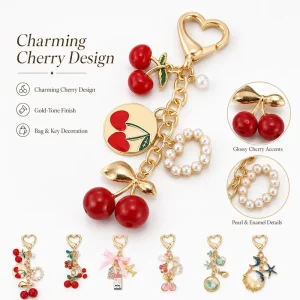 Heart Shaped Cherry Pearl Pendant Keychain Women Fashion Cute Key Ring Bag Charm Purse Accessories Gift Rhinestone Keychain