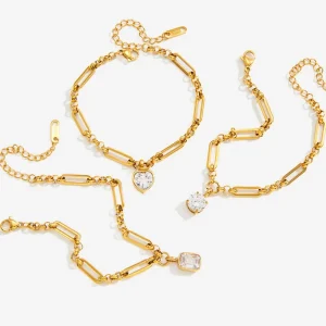 Heart Square Round White CZ Stainless Steel 18K Gold Plated Classic Statement Chain Bracelet Gift for Women Daily