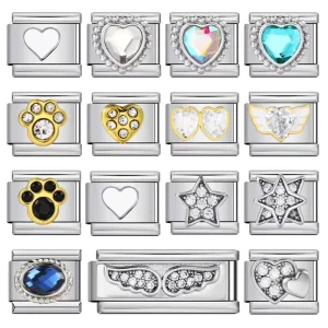 Heart Star Paw Wing Crystal Italian Charms Stainless Steel Rhinestone Square Links 9mm Enamel DIY Bracelet Module Beads Jewelry