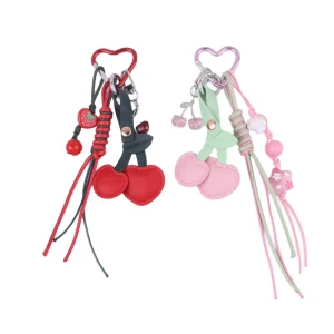 Heart Star Pink Leather Keychain with Cherry Braided Rope Acrylic Beaded Lanyard Jewelry Pendant Bag Charms and Keychain