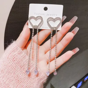 Heart Trendy Wedding Crystal Rhinestone Love Drop Earrings Long Tassel Women’s Popular Internet Celebrity