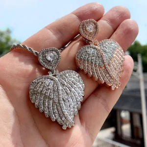 Heart Wing Pendant Necklace with CZ Stones for Men Women Hip Hop Jewelry