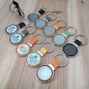 Heat Transfer Double sided Rotating Metal Car Keychain With Laser Engraving And Blank Leather Design