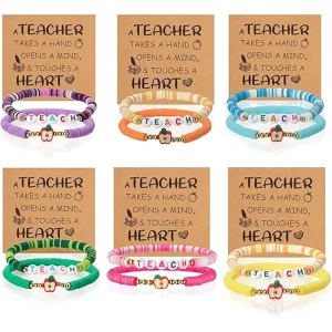 Heishi Bead Teacher Bracelet TEACH Letter & Apple Charm Stretch Bracelet Back to School Teacher Thank You Jewelry