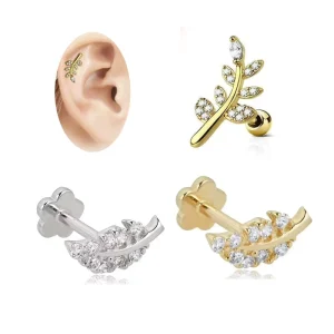 Helix Piercing Leaf Cartilage Helix Conch Earrings Fashion Jewelry for Women Men Tragus Labret Flat Back Top Earring