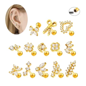 Hengsen New Surgical Stainless Steel Zircon Helix Earrings Internally Thread Cartilage Lip Piercing Jewelry Flat Back Earring