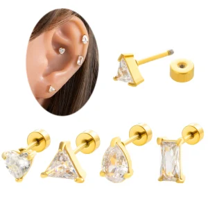 Hengsen Surgical Stainless Steel Cartilage Earrings Heart Square Zircon Labret Piercing Jewelry Tragus Helix Flat Back Earring