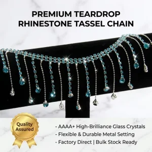 High Brilliance Lake Blue Glass Rhinestone Tassel Chain Metal Base Crystal Fringe Trim for Wedding Gowns & Dance Costumes