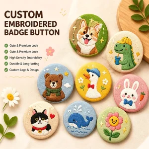 High Density Cute Animal Cartoon Embroidery Fabric Button Pin Brooch Custom Design Logo Embroidered Badge Pins for Clothing Gift