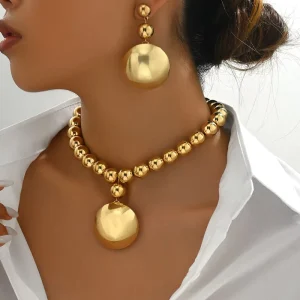 High End European American Fashion Women’s Jewelry Suit Personalized Metal Bead Necklace Niche High End Pendant Earrings Alloy