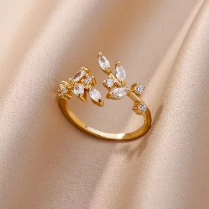 High End Fashion Ring for Women 18K Gold Plated Open Ring Sliding Leaf Design Colored Crystal Zircon Fashion Rings