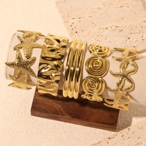 High End Fashion Women Summer Beach Bohemian Open Bangle Bracelet Gold Plated Starfish Shell Geometric Cuff Bangles