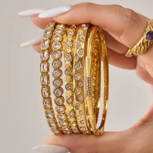 High End Gold Plated Waterproof Fashion 5A Zirconia Geometric Rectangle Bangle Stainless Steel Bracelet Jewelry