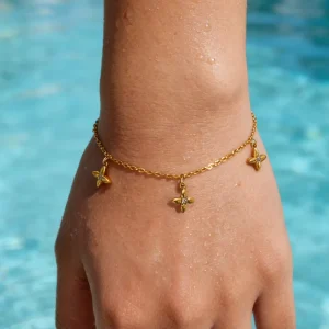 High End Gold Plated Waterproof Fashion Cute Sweety Four leaf Zirconia Pendant Stainless Steel Bracelet Jewelry