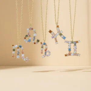 High End Iced Rainbow 12 Zodiac Sign Pendant Charm Astrology Necklace 925 Sterling Silver Colorful Zirconia Horoscope Necklace