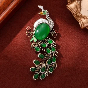 High End Luxurious Emerald Peacock Brooch for Women New Chinese Style Phoenix Animal Pin Decorative Coat Outerwear Gifts Parties