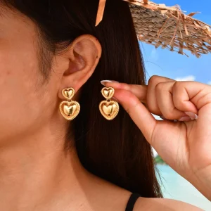High End OUSLY 18K Gold Plated Stainless Steel Heart Drop Earrings Claw Setting Trendy for Women’s Anniversary Fashion