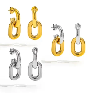 High End PVD Plated No Fade Fashion Hollow Two tone Chain Dangle Hoop Earring Stainless Steel Jewelry