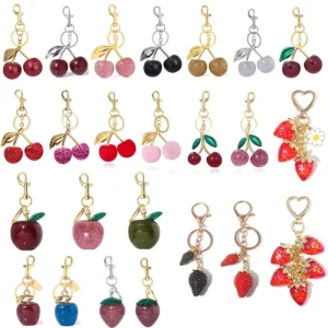 High End Red Cherry Crystal Bag Glitter Key Ring UV Metal Lobster Buckle Keychain Luxury Keyring Pair (‘llaveros)