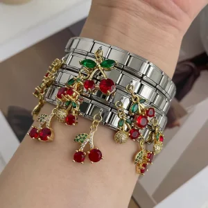 High-End Titanium Steel Cherry Bracelet with Cubic Zirconia Square Link Chain Fashion Beach Jewelry for Women Bulk