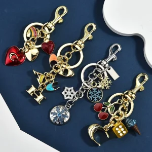 High End Women’s Alloy Natural Stone Heart Shaped Cherry Letter Small Pendant Keychains Bag Charms Trendy Decorative Accessories