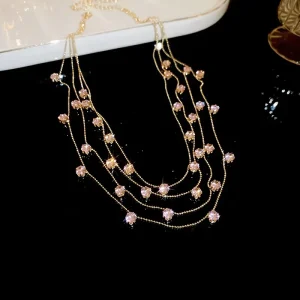 High End Women’s Multi Layer Colored Zircon Copper Necklace Trendy Light Luxury Collarbone Link Chain Gift