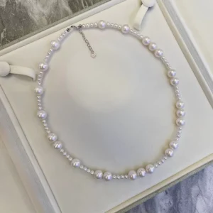 High Gloss 4+10mm White Round Cultured Pearl Necklace 925 Silver Women’s Fashion Jewelry