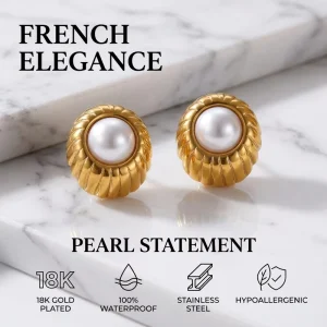 High Grade French Stainless Steel 18K Gold Plated Waterproof Scalloped Chandelier Earrings Elegant Fashion Pearl