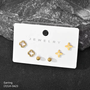 High Polish Women’s Flower Gold Plated Stainless Steel Four Leaf Clover Bead Ball 3 Piece Set Stud Earrings