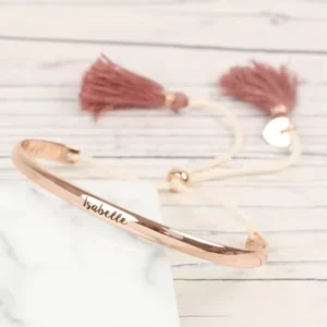 High Polished Rose Gold Plated Bead Adjustable Bracelet Custom Engraved Name with Tassel Charm Bangle Bracelet for Women