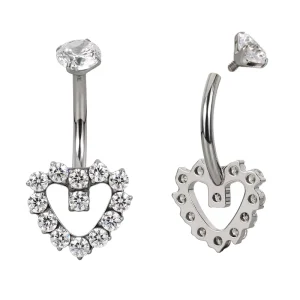 High Polished Titanium Navel Ring Bezel Set CZ Top With CZ Paved Heart Belly Button Ring