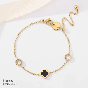 High Polished Trendy Party Gold Plated Stainless Steel Adjustable Black Four Leaf Clover Rhinestones Bracelet