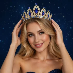 High Quality Alloy Gold Plated Rhinestone Modern Queen Tiara Crown for Wedding Bridal Pageant Formal Occasions