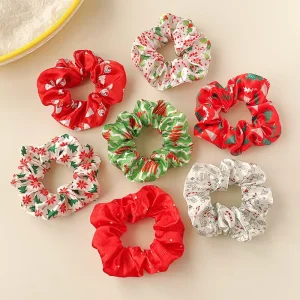 High Quality Christmas Satin Scrunchies Set Santa Candy Cane & Holly Print Festive Hair Ties Women Girls Xmas Party Accessories