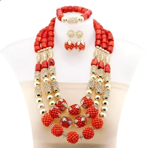 High Quality Coral Bead Jewelry Set Gold Plated Jewellery Set African Traditional Bridal Adornment Accessories Wedding Party