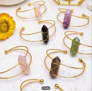 High Quality Crystal DT Point Craft Gemstone Amethyst Bangle Healing Stones Fashion Gem Stainless Steel Bracelet