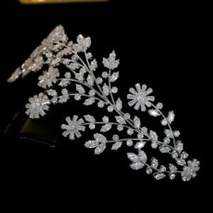 High Quality Cubic Zirconia Crown Saudi Bride Headband for Women Fashion Tiara Leaf Flower Wedding Jewelry Hair Accessories Gift