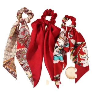 High Quality Elegant Women’s Red Bohemia Floral Print Satin Long Tail Ribbon Scrunchies Fashion Bow Hair Ties Hair Accessories