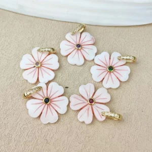High Quality Fashion Pink Shell Flowers CZ Inlaid 18K Gold Plated Bail Pendant for Women Necklaces