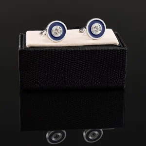 High Quality Fashion Round Silver Plated Blue Diamond Crystal Mens Cufflinks