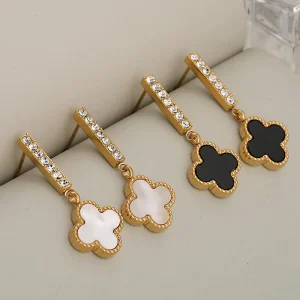 High Quality Fashion Trendy Classic 18K Gold Plated Stainless Steel Lucky Clover Design Dangle Earrings Jewelry for Women Gift