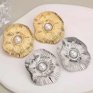 High Quality Fashion Trendy Stylish 18K Gold Plated Lotus Leaf Pearl Stainless Steel Drop Earrings for Women Party
