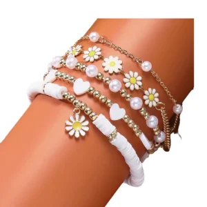 High Quality Fashionable Alloy Daisy Bracelet Handmade Beaded Pearl Charm Bracelet Set Women Fine Jewelry Accessories Set