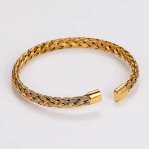 High Quality Fashionable Tarnish Free Stainless Steel 18k Gold Plated Cable Wire Twisted Cuff Bracelet