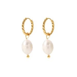 High Quality French Freshwater Pearl Twist Ring Earrings 18KPvd Gold Plated Stainless Steel Wedding Fashion Jewelry Earrings