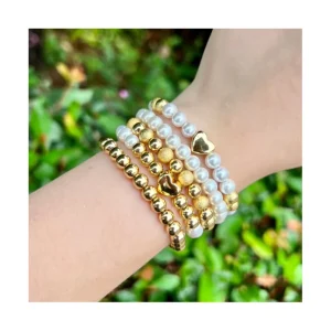 High Quality Gold Plated Copper Brass Beaded Bracelet Heart Charms Pearl Beads Adjustable Fashion Jewelry for Women Wedding Gift