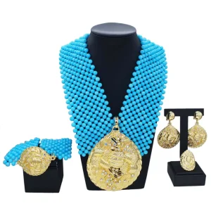 High Quality Gold Plated Jewelry Sets Blue Handmade Bead Necklace Jewelry Set Simple Woman Costume Pendant H40015
