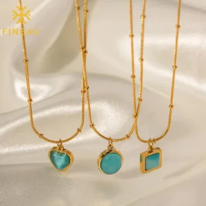 High Quality Gold Plated Stainless Steel Jewelry Gifts Beautiful Ocean Blue Cat Eye Stone Oval Pendant Necklace For Women