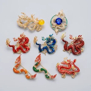 High Quality Golden Enamel Chinese Dragon Pin Brooch Sparkling Crystal Rhinestone Jewelry Accessories for Suits Gift